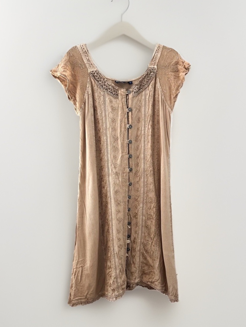 Vintage C. Cline Embroidered Boho Button Front Tie Back Dress Size L